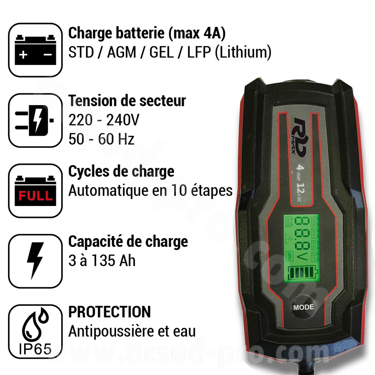 Chargeur et mainteneur de batterie RBMAX 6-12V 3.5A STD/AGM/SLA/LiFePO4/GEL - vue 3