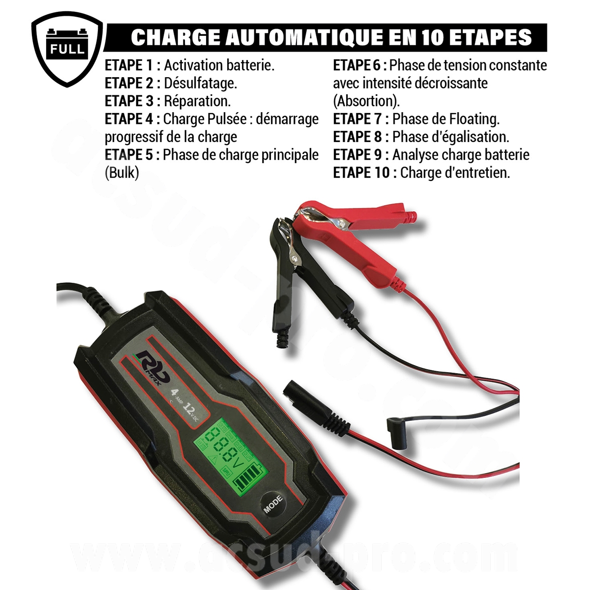 Chargeur et mainteneur de batterie RBMAX 6-12V 3.5A STD/AGM/SLA/LiFePO4/GEL - vue 4