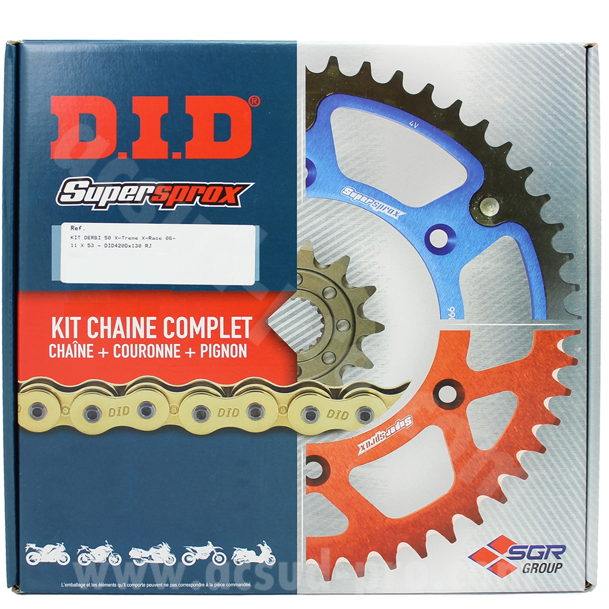 Kit chaîne DID adapté Derbi 50 SM DRD 06- chaîne DID 420D x 130 maillons RJ 11X53 acier