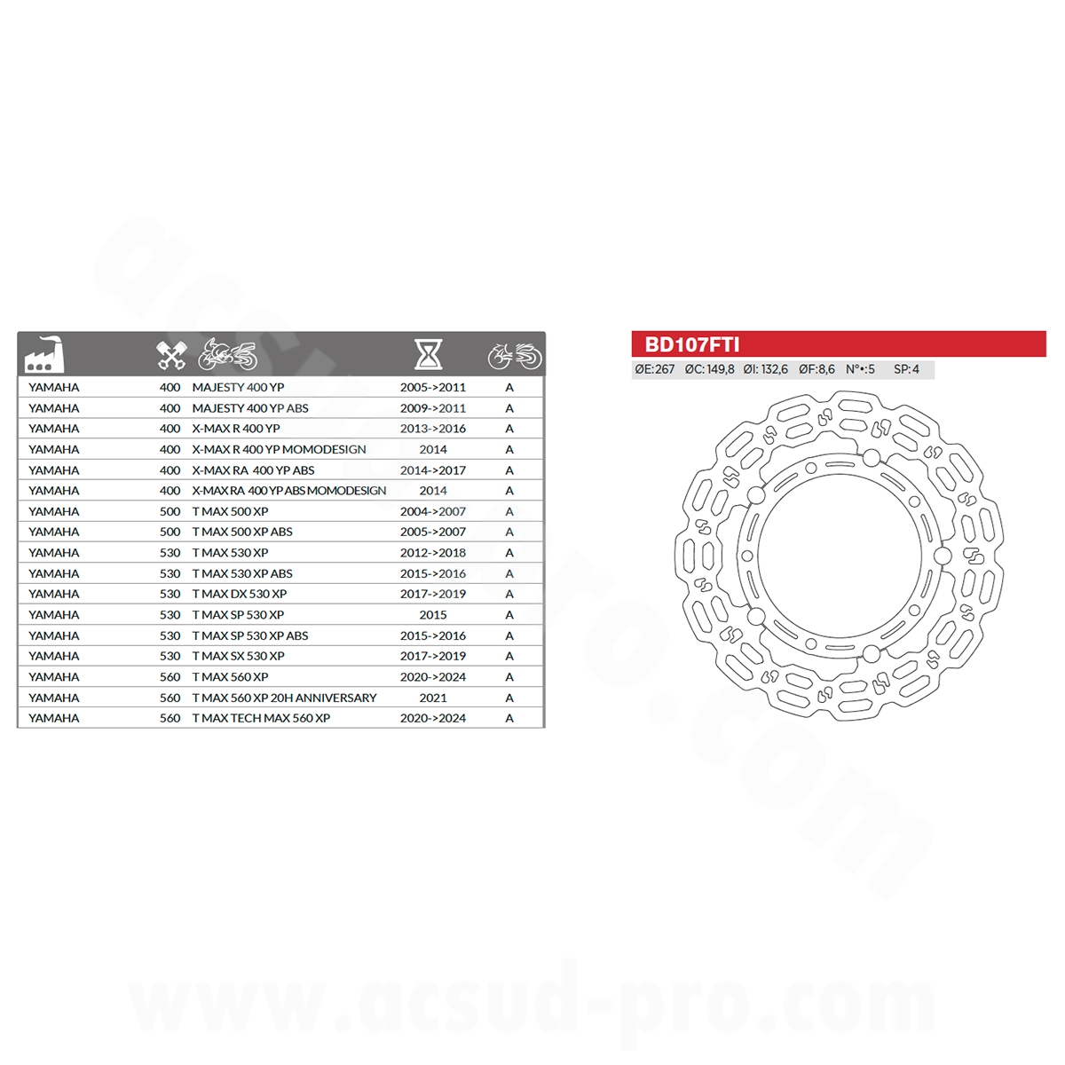 Disque de frein avant maxiscooter brenta adapt. yamaha TMAX 500 / 530 / 560 cc XMAX 400 cc Ø267MM (OEM : 5vu2581t0000 - 1sdf81t0000- 59c2581t0000) - vue 2