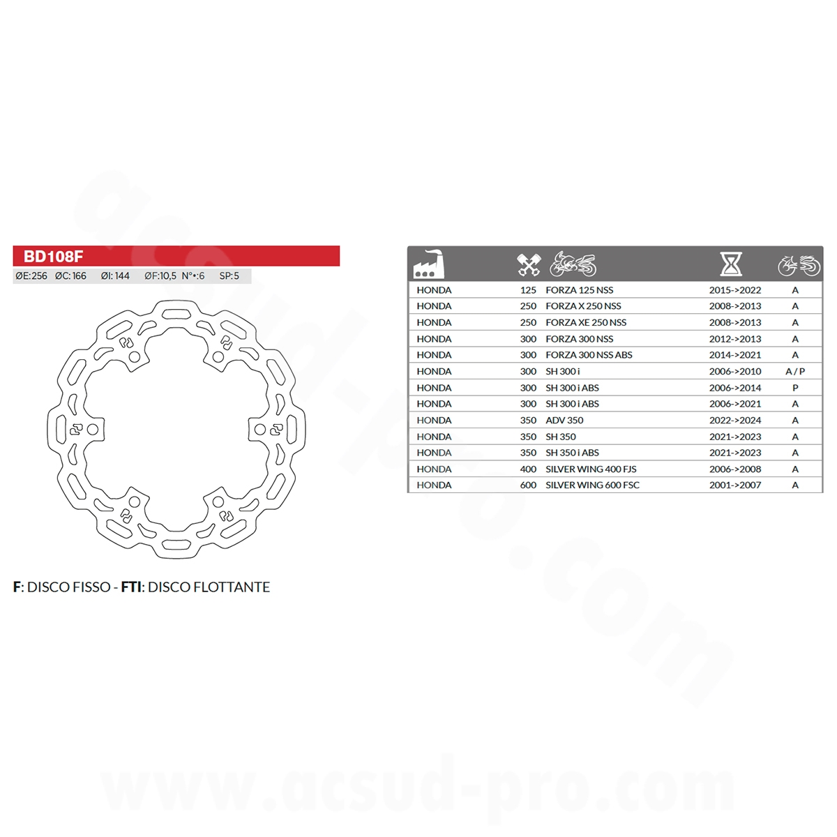 Disque de frein arriere maxiscooter brenta adapt. honda SH 300 2007-2014 / avant ADV 350- SH 350 - forza 125- 300 2014-2022 Ø256MM (OEM : 43251-ktw-901 / 43251-k1w-d01 / 45251-k04-931) - vue 2
