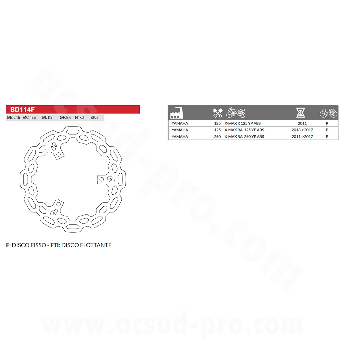 Disque de frein arriere maxiscooter brenta adapt. yamaha XMAX 125 / 250 cc 2011-2016 Ø245MM (OEM : 1b72582w0000) - vue 2