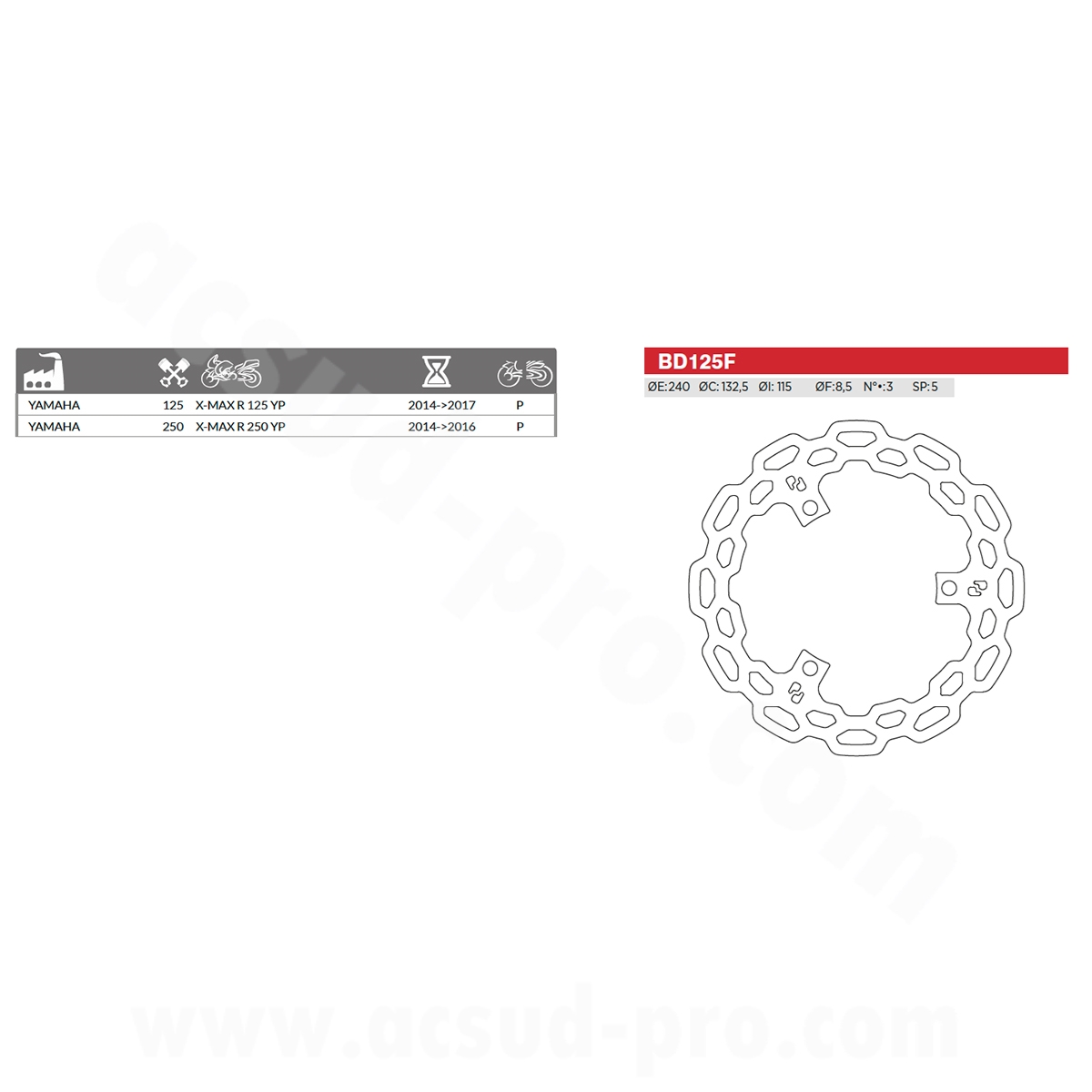Disque de frein arriere maxiscooter brenta adapt. yamaha XMAX 125 / 250 cc 2014-2017 Ø240MM (OEM : 1b7-2582w-0000) - vue 2
