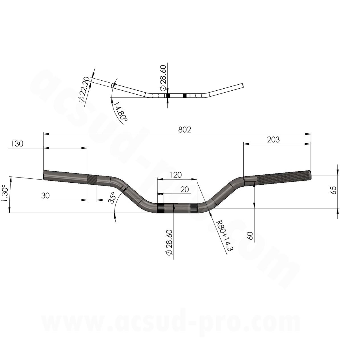 Guidon moto / mecaboite / cross noend oversize aluminium Ø28.6 couleur noir (l : 802MM h : 65MM) - vue 2