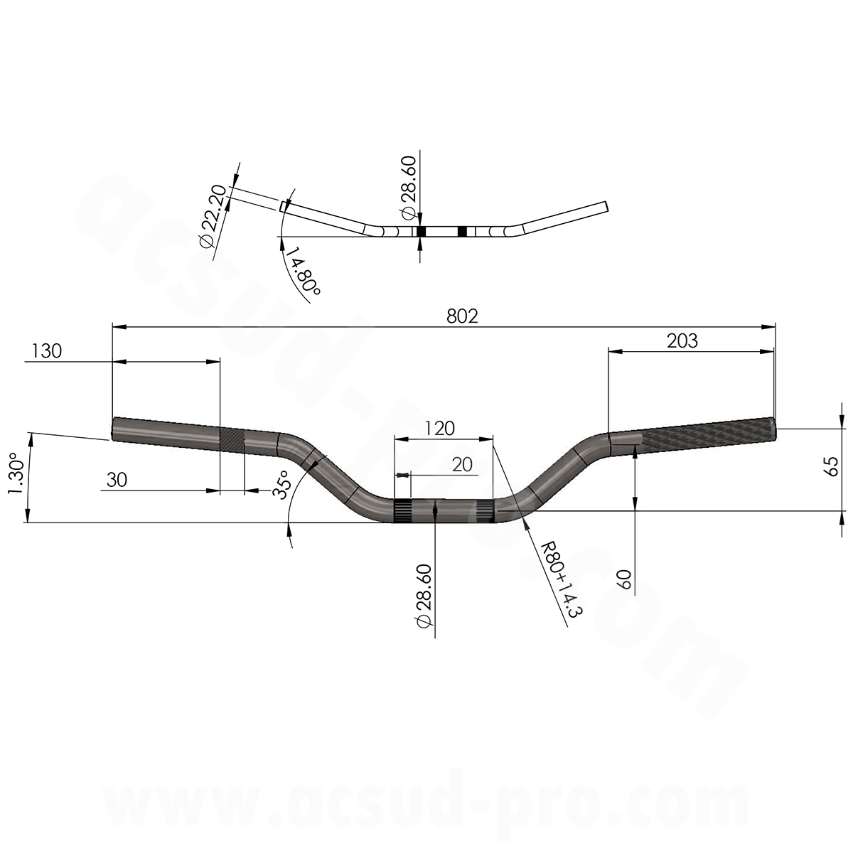 Guidon moto cross oversize aluminium Ø28.6 (L : 802 mm H : 65 mm) - vue 2