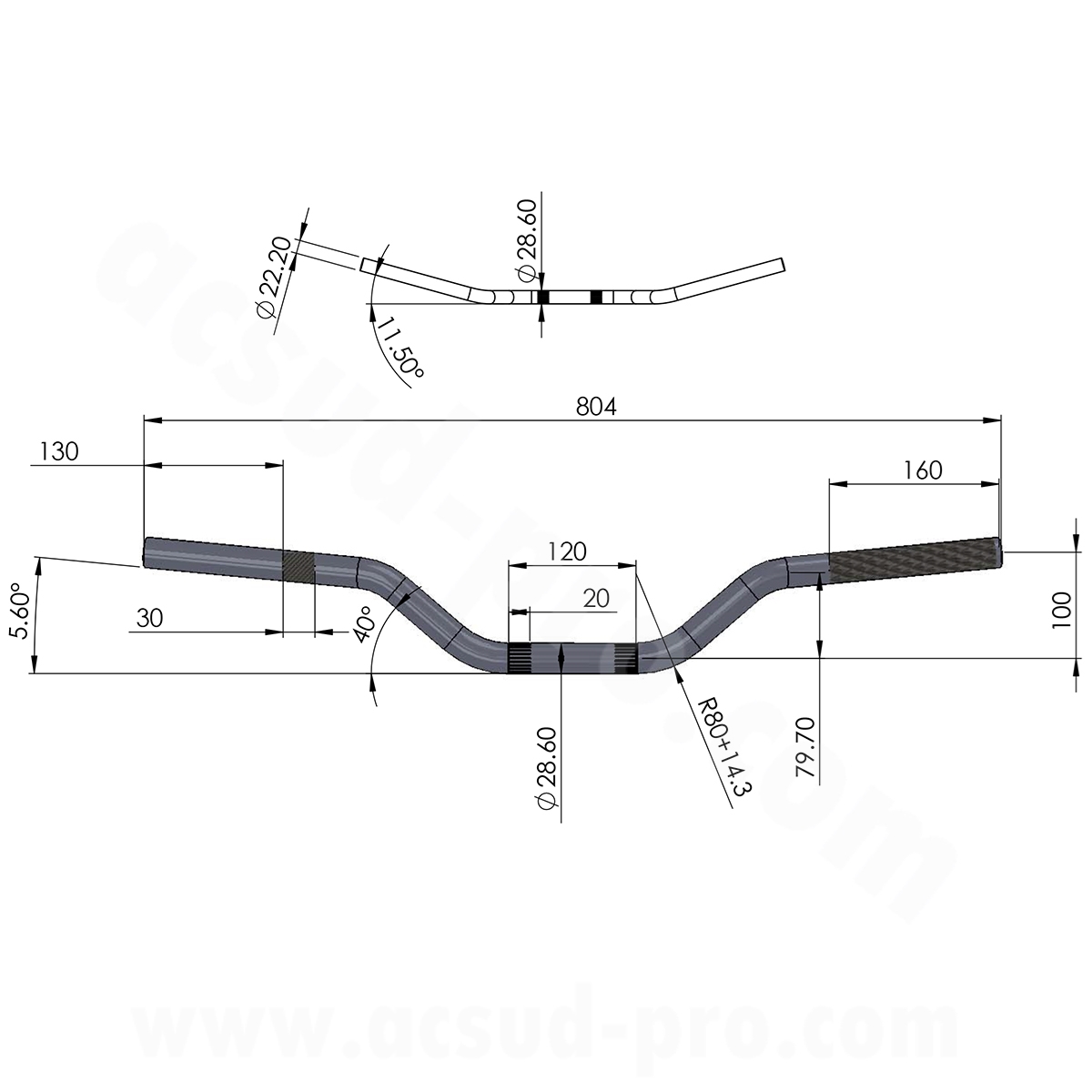 Guidon moto / mecaboite / cross noend oversize aluminium Ø28.6 couleur noir (l : 804MM h : 100MM) - vue 2