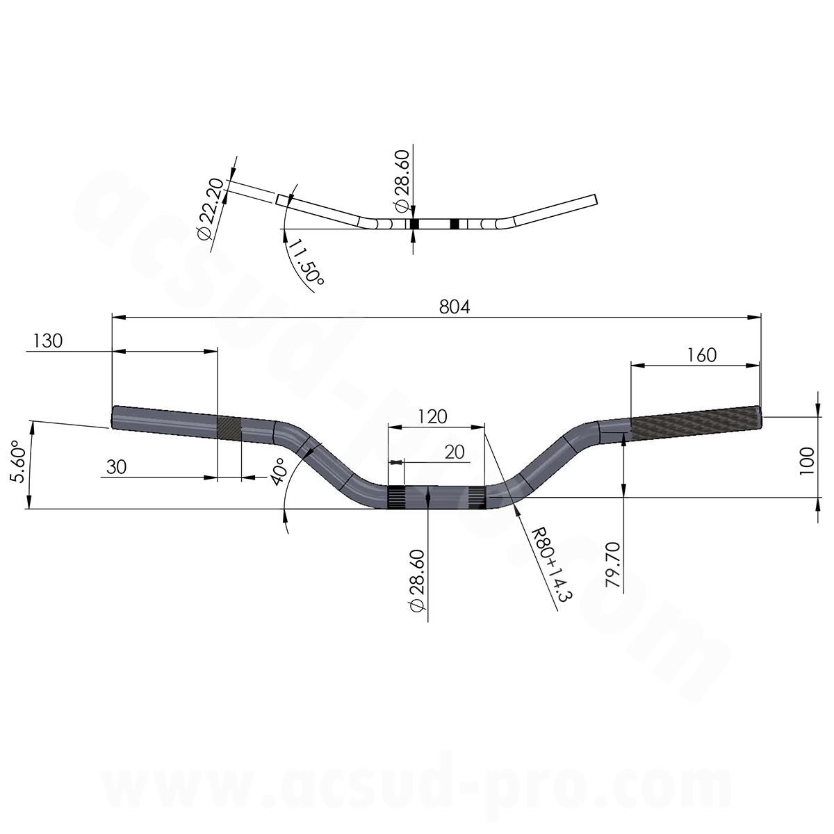 Guidon moto / mecaboite / cross noend oversize aluminium Ø28.6 couleur alu (l : 804MM h : 100MM) - vue 2