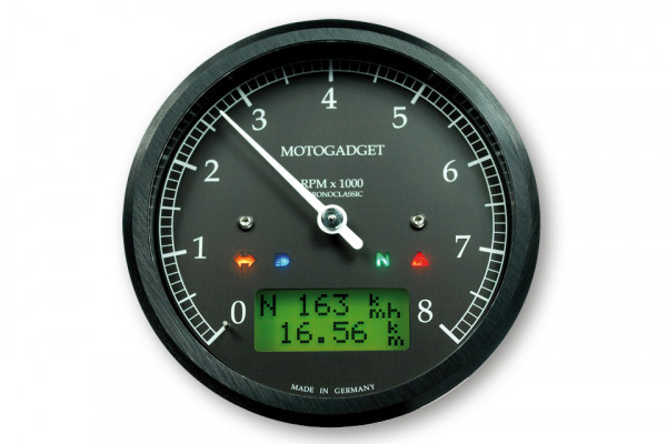 MOTOGADGET Chronoclassic Compte-tours 0-8000 RPM, boîtier noir, anneau noir, affichage LCD vert
