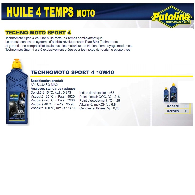 Huile moteur 4T sport 4R 10W40 semi-synthétique 1L Putoline 74384 - vue 2