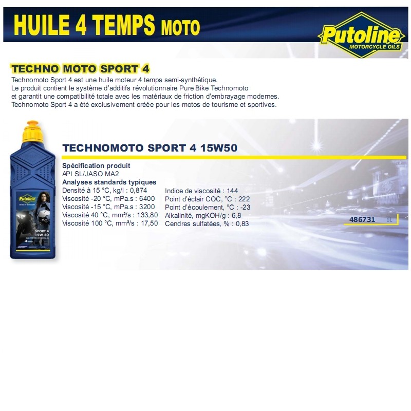 Huile moteur 4T sport 4R 15W50 semi-synthétique 1L Putoline 74392 - vue 2