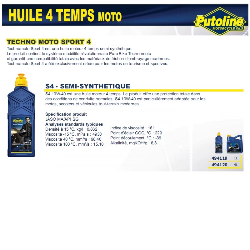Huile moteur 4 temps 10W-40 minérale Putoline S4 1L - vue 2