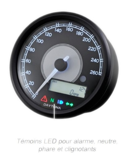 Compteur DAYTONA VELONA 80 aiguille 260 km/h avec compte-tours LCD