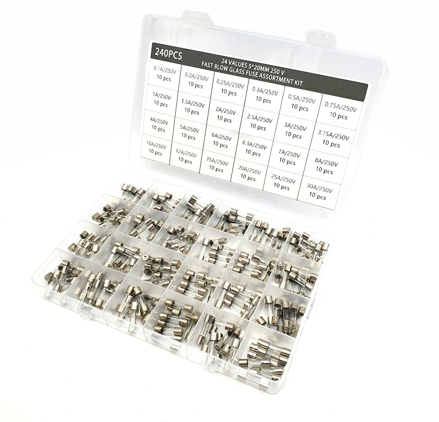 Coffret de 240 fusibles verre BRAZOLINE (0,1/0,2/0,25/0,3/0,5/0,75/1/1,5/2/2,5/3/3,15/4/5/6/6,3/7/8/10/12/15/20/25/30A)