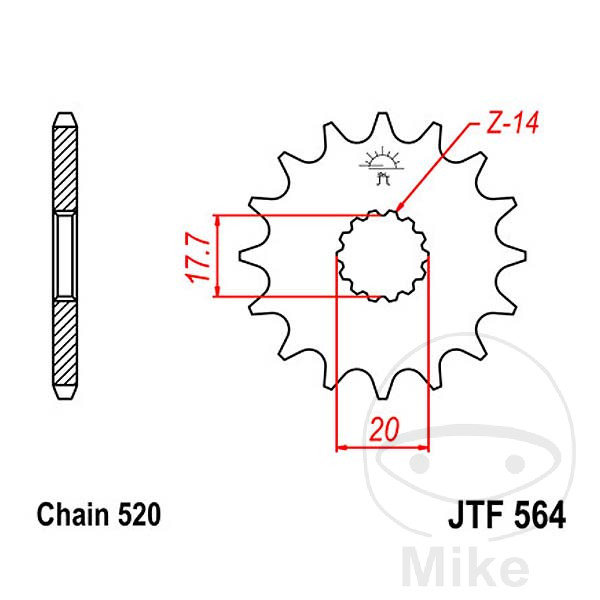 Pignon JT Sprockets 14Z pas 520 denture fine diamètre intérieur 17.7/2 - vue 2