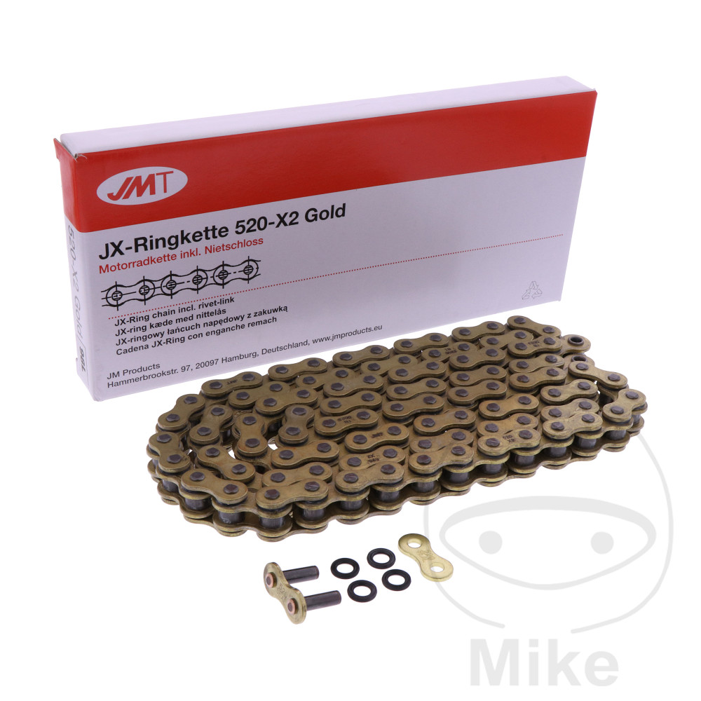 Chaîne JMT X-Ring 520X2 Gold 102 mailles ouverte avec rivet