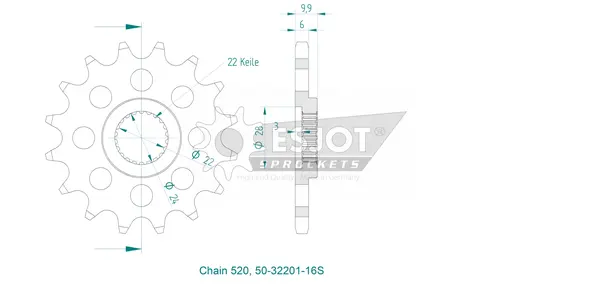 Pignon Racing ESJOT 16 dents PAS 520 Diamètre intérieur 22/24 - vue 3