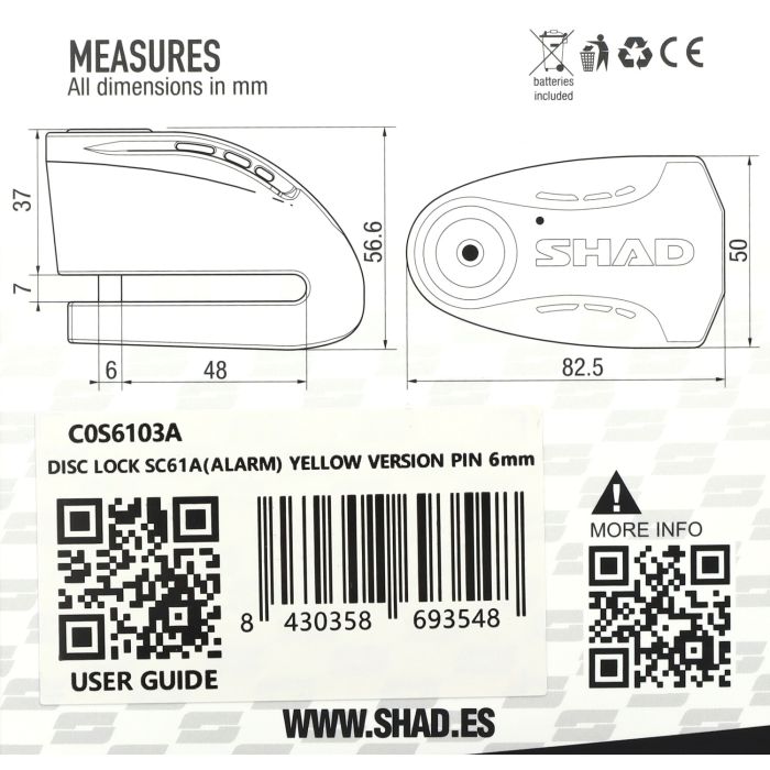 Blocage du frein à disque Shad avec alarme 6 mm jaune SC61A - vue 4