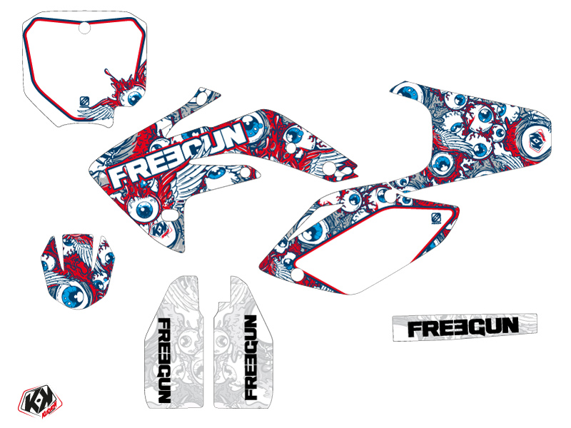 Kit décoration moto cross Freegun Eyed Honda 150 CRF rouge bleu - vue 2