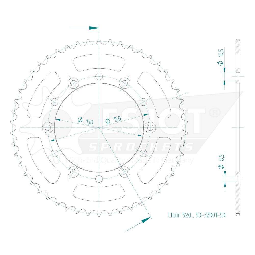 Couronne acier TT Honda-Yamaha 520 50 dents Esjot similaire JTR245/2 - vue 2