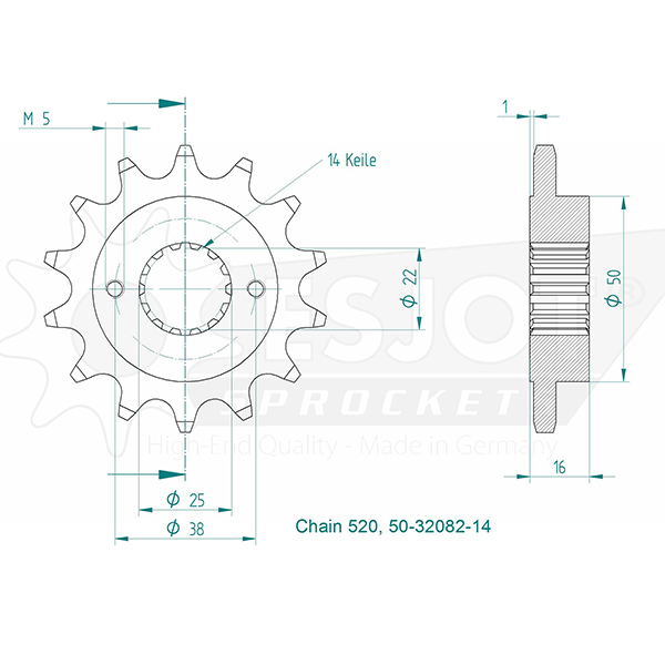 Pignon Esjot 520 - 14 dents - Similaire JTF736 - vue 2