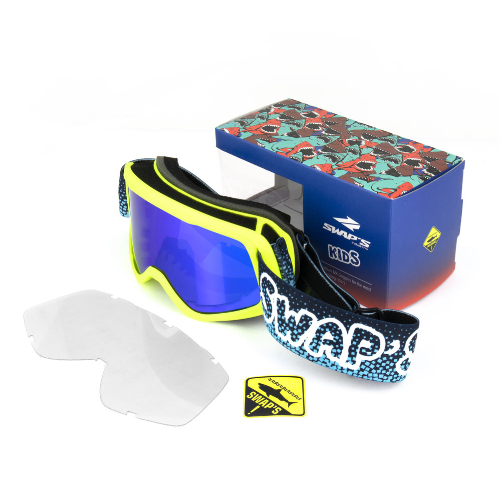 Masque Cross Bubble Kid Swaps - Jaune fluo, bandeau bleu, écran iridium bleu - vue 2
