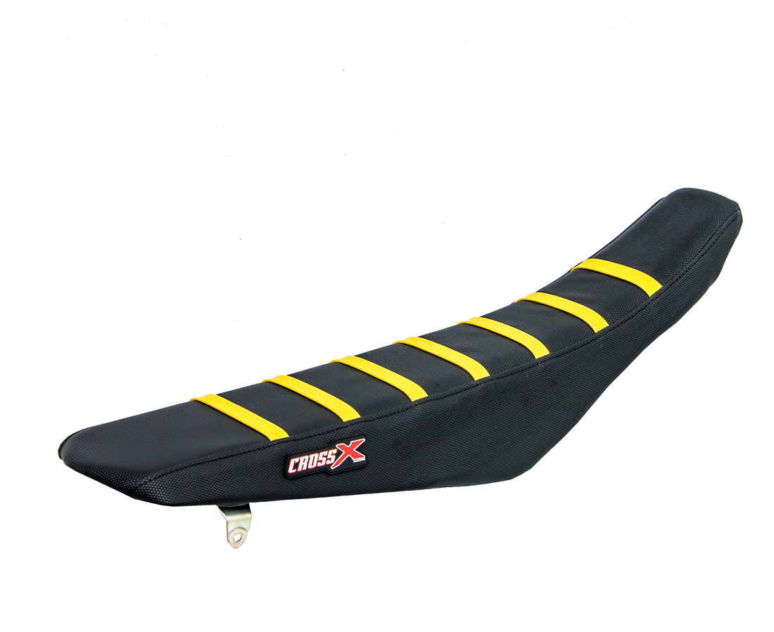 Housse de selle CrossX Suzuki RM 125 top noir, côtés noirs, rayures jaunes