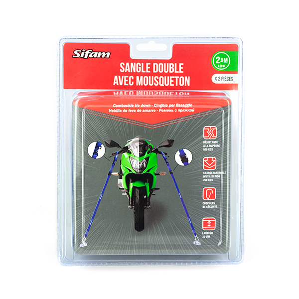 Sangles d'arrimage doubles Sifam Blue Force avec mousqueton et crochet de sécurité (x2) - vue 2