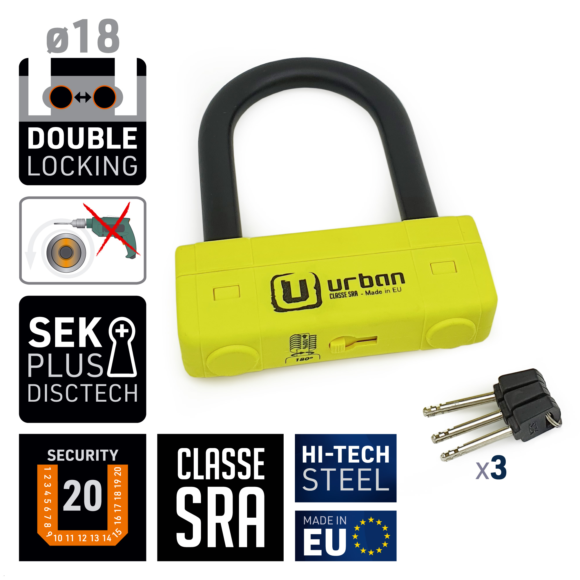 Antivol U Urban SRA UR85 Ø18 85×120 homologation Noir et Jaune - vue 4