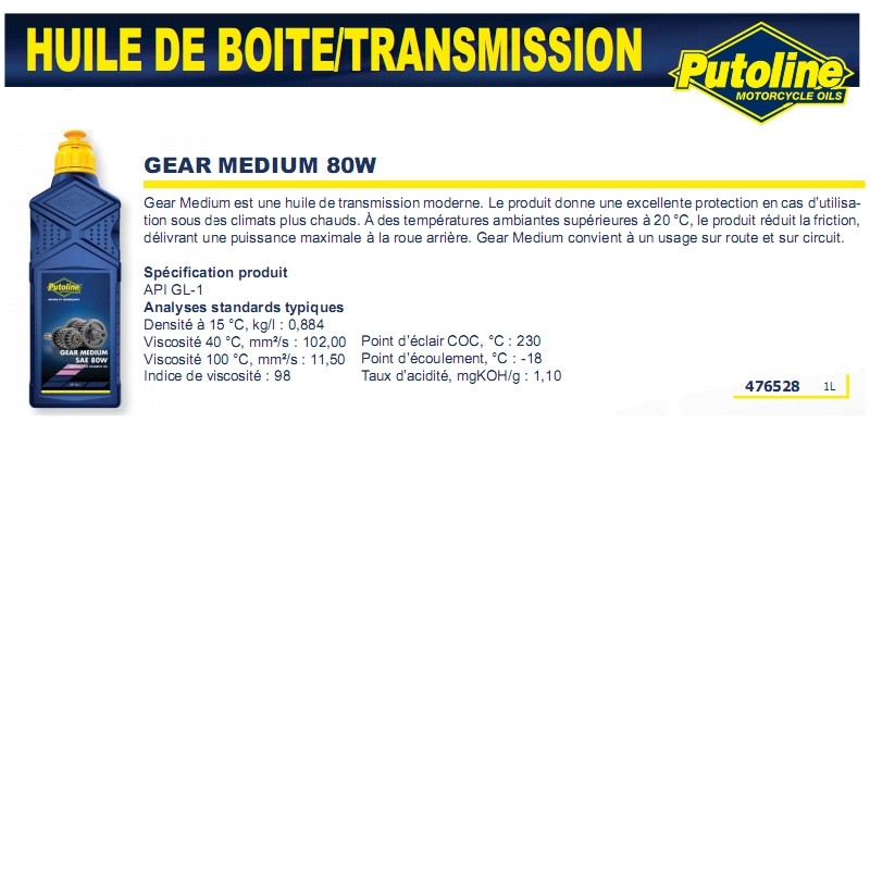 Huile de boîte Putoline Medium Gear 80W 1L - vue 2