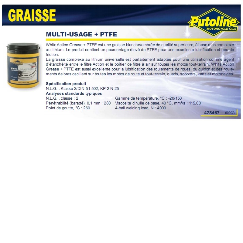 Graisse blanche Putoline PTFE Pot de 600g 73611 - vue 2