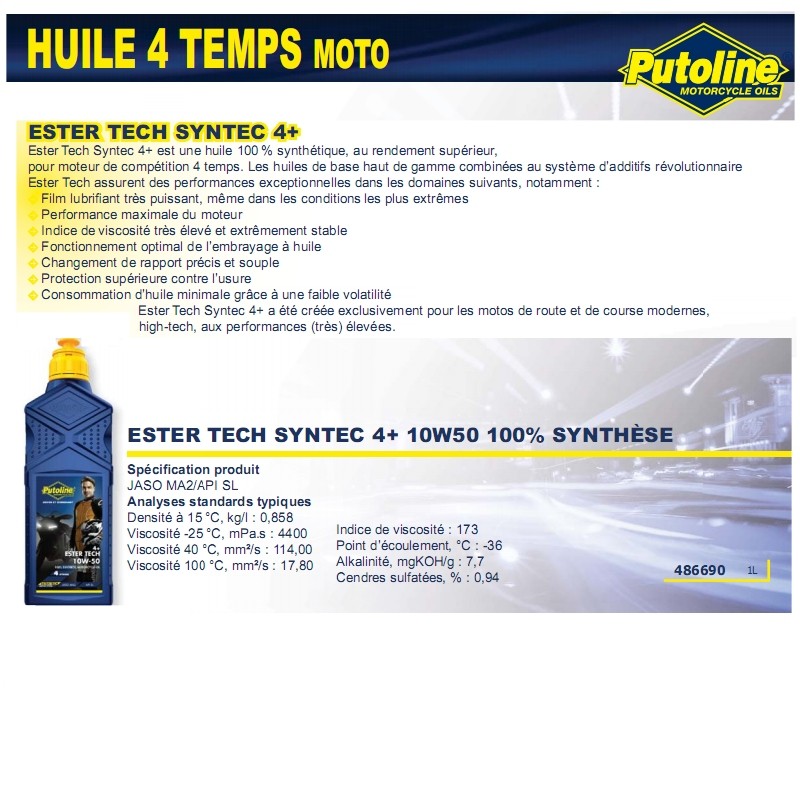 Huile moteur 4 temps 10W-50 synthétique Putoline 1L - vue 2