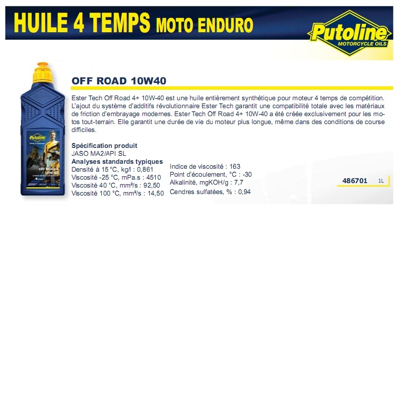 Huile moteur 4 temps 10W-40 semi-synthétique Off Road 1L Putoline - vue 2