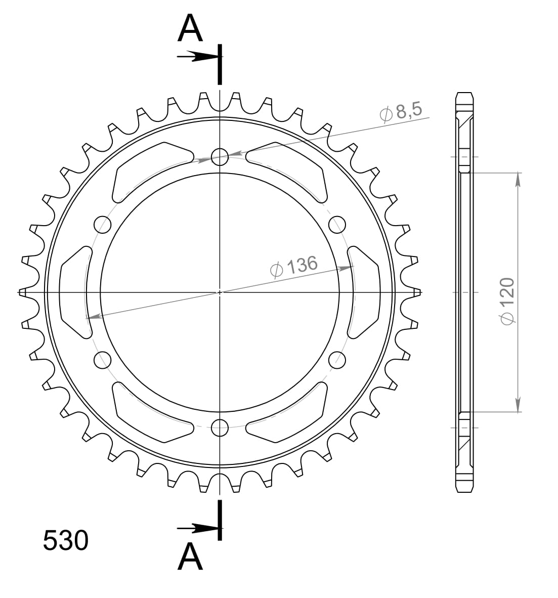 Couronne JT Sprockets 38Z PAS 530 Diamètre Intérieur 120 Entraxe Fixation - vue 2