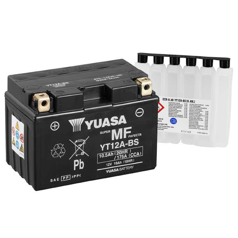 Batterie 12V 10 ah YT12A-BS Yuasa MF sans entretien livree avec pack acide (lg150xl87xh105mm) - vue 2