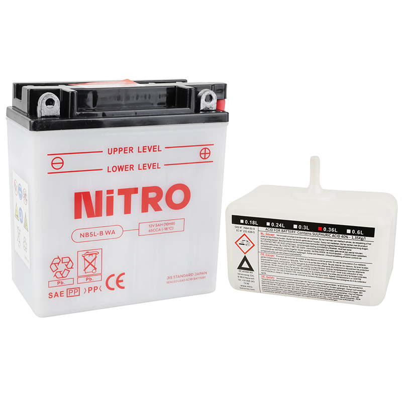 Batterie 12V 5 ah NB5L-B Nitro conventionnelle avec entretien (lg120xl60xh130mm) (equivalent YB5L-B) - vue 2