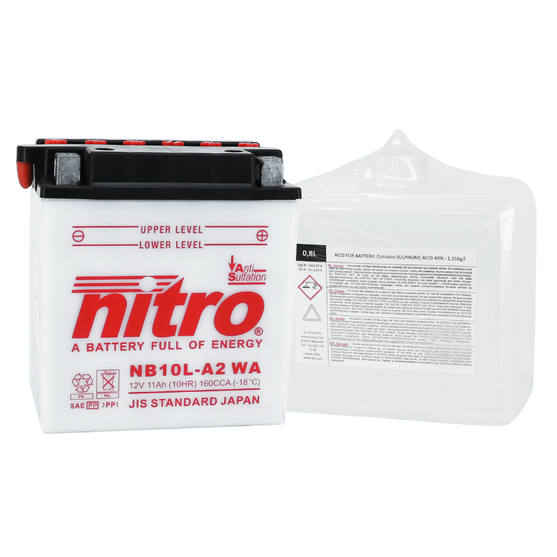 Batterie 12V 11 ah NB10L-A2 Nitro conventionnelle avec entretien (lg135xl90xh145mm) (equivalent YB10L-A2) - vue 2