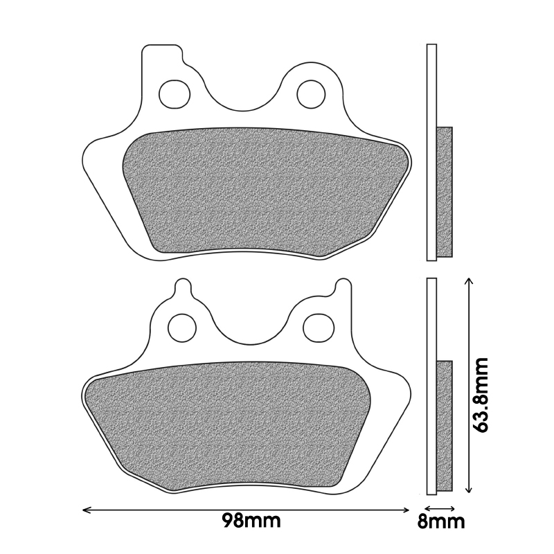 Plaquette de frein NEWFREN pour Harley-Davidson 1450 Dyna 2000+2005, 1450 Electra Glide 2000+2005, 1130 V-Road 2002+2005 av-ar (L 98MM - H 63.8MM - P 8MM) (FD0389SH) - vue 2