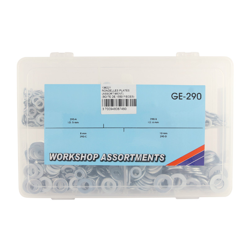 Rondelle plate acier assortiment 4 tailles diamètres 5-6-8-10 mm - Boîte de 1550 pièces P2R - vue 3