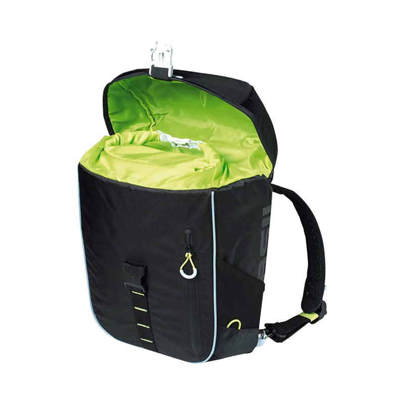 Sacoche arriere sac a dos velo laterale Basil miles daypack droit-gauche systeme fixation hook-on waterproof 17L noir liseret jaune fluo (bandouliere + sac a dos) (31X17X44CM) - vue 4
