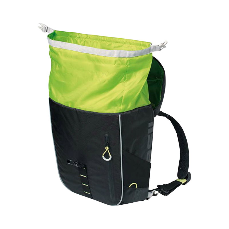 Sacoche arriere sac a dos velo laterale Basil miles daypack droit-gauche systeme fixation hook-on waterproof 17L noir liseret jaune fluo (bandouliere + sac a dos) (31X17X44CM) - vue 5