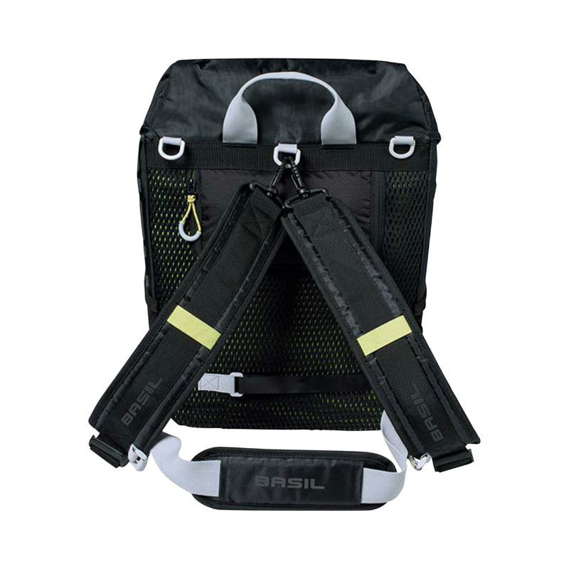 Sacoche arriere sac a dos velo laterale Basil miles daypack droit-gauche systeme fixation hook-on waterproof 17L noir liseret jaune fluo (bandouliere + sac a dos) (31X17X44CM) - vue 6