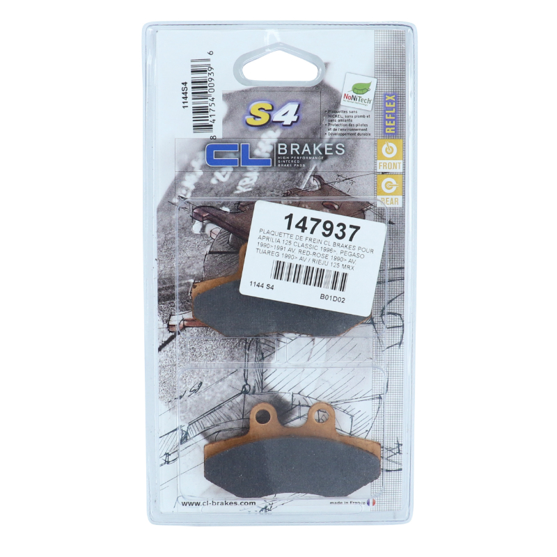 Plaquette de frein CL Brakes Aprilia 125 Classic 1996+, Pegaso 1990+ AV, Red-Rose 1990+ AV, Tuareg 1990+ AV, Rieju 125 MRX 2002-2008 AV (1144 S4) - vue 3