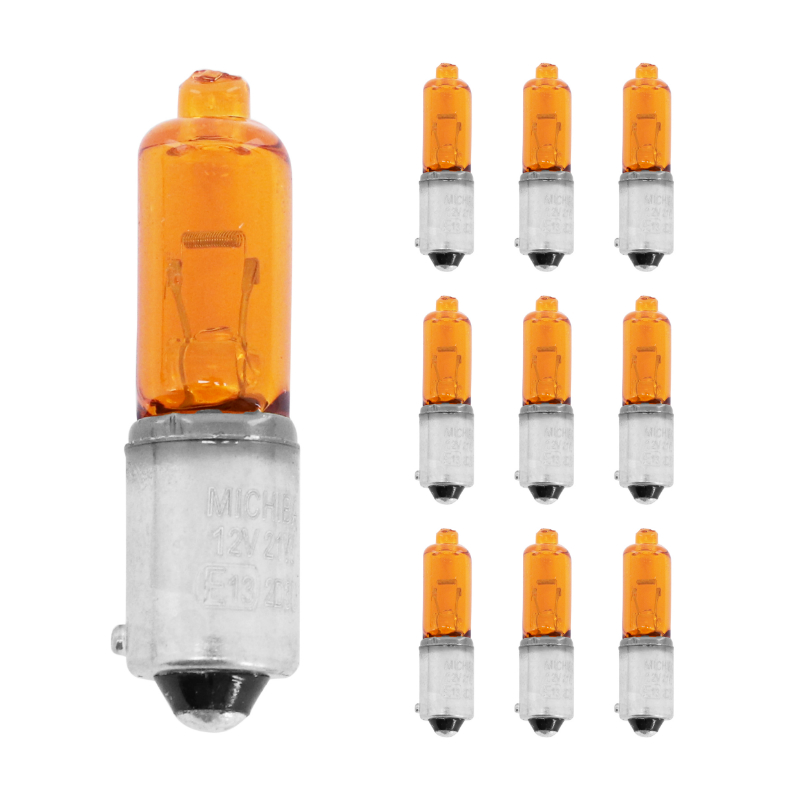 Ampoule halogène miniature H21W 12V 21W culot BAY9S témoin ergots décalés 120° orange clignotant P2R (boîte de 10)