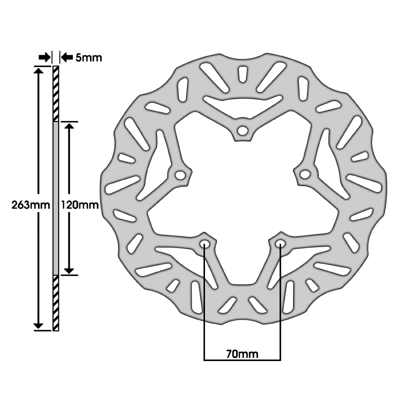Disque de frein Polini pour peugeot 125 satelis 2006+ av, 250 satelis 2006+ av, 400 satelis 2008+2016 av, 500 satelis 2006+ av (ext 263MM - int 120MM - 5 trous) (175.0039) - vue 2