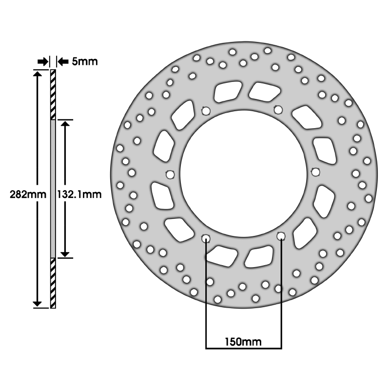Disque de frein adaptable yamaha 500 TMAX 2001+2003 av, 1300 FJR 2013+ ar (ext 282MM - int 132MM - 6 trous) (DF5078A) -Newfren - vue 2