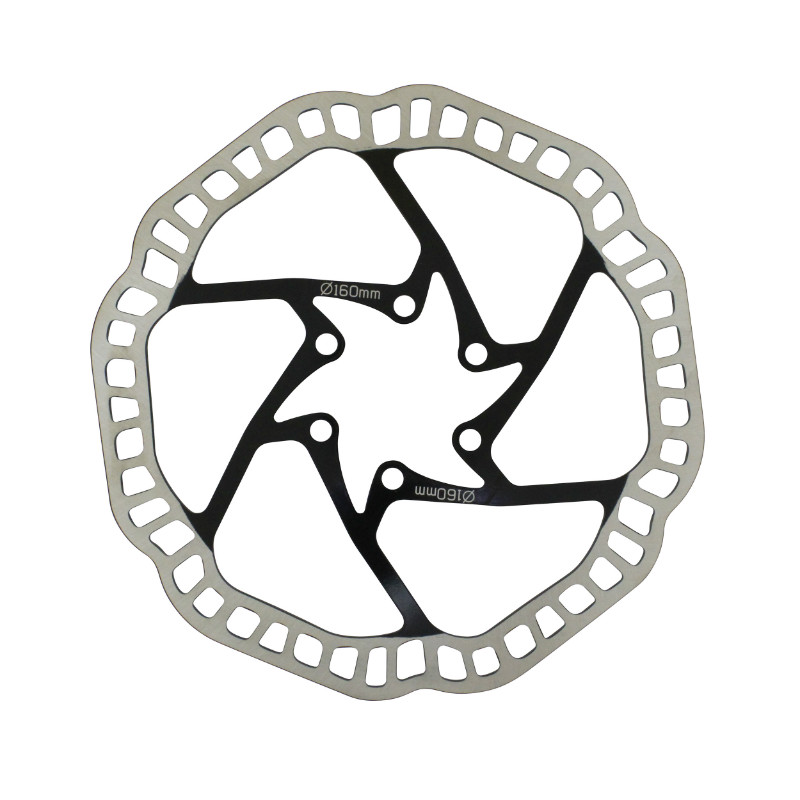 Disque de frein VTT Newton 160 mm 6 trous argent centre noir compatible Shimano + 6 vis