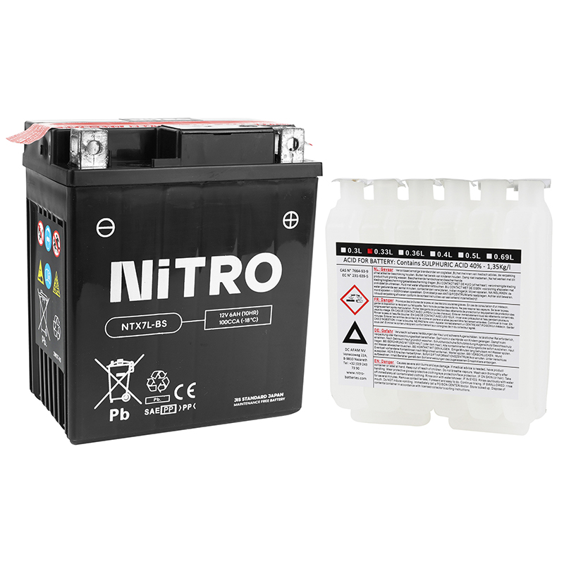 Batterie 12V 6 ah NTX7L-BS Nitro MF sans entretien avec pack acide (lg114xl71xh131mm) (equivalent YTX7L-BS) - vue 2