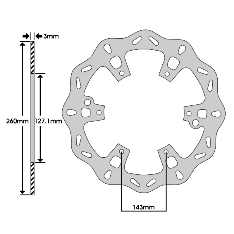 Disque de frein adaptable beta 350 RR enduro 2013+2017 av, 250 RR 2013+ av, husaberg 400 FC 1999+2002 av, husqvarna 350 fe 2014+2020 av (ext 260MM - int 127.1MM - 6 trous) oe design (DF5048OE) -Newfren - vue 2