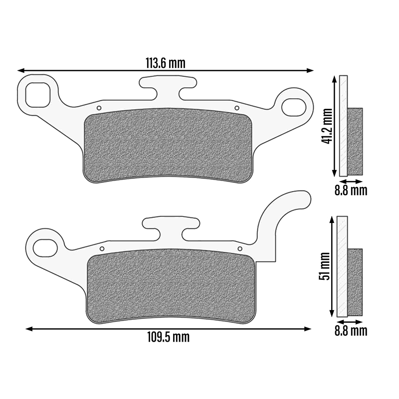 Plaquette de frein Newfren pour yamaha 125 BW'S 2010+ av, 125 xenter 2012+2016 av, 150 xenter 2012+2016 av (L109.5MM - 113.6MM - h 51MM - 41.2MM - p 8.8MM) (FD0486BE) (elite organique) - vue 2