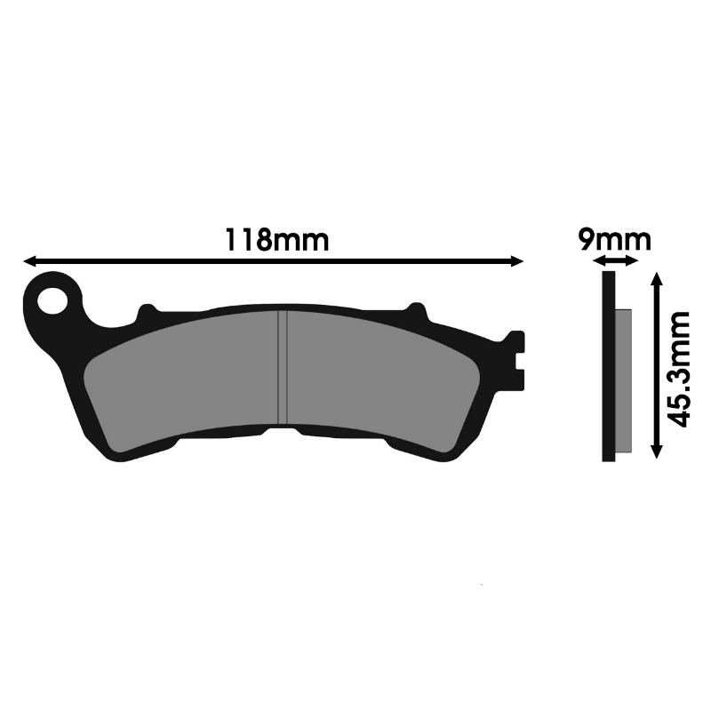 Plaquette de frein Polini Honda 250 Forza/Jazz/Reflex, 125 SH, 600 Silver Wing, 125 S-Wing AV, Suzuki 125 Burgman AV (L 118MM - H 45.3MM - P 9MM) - vue 2